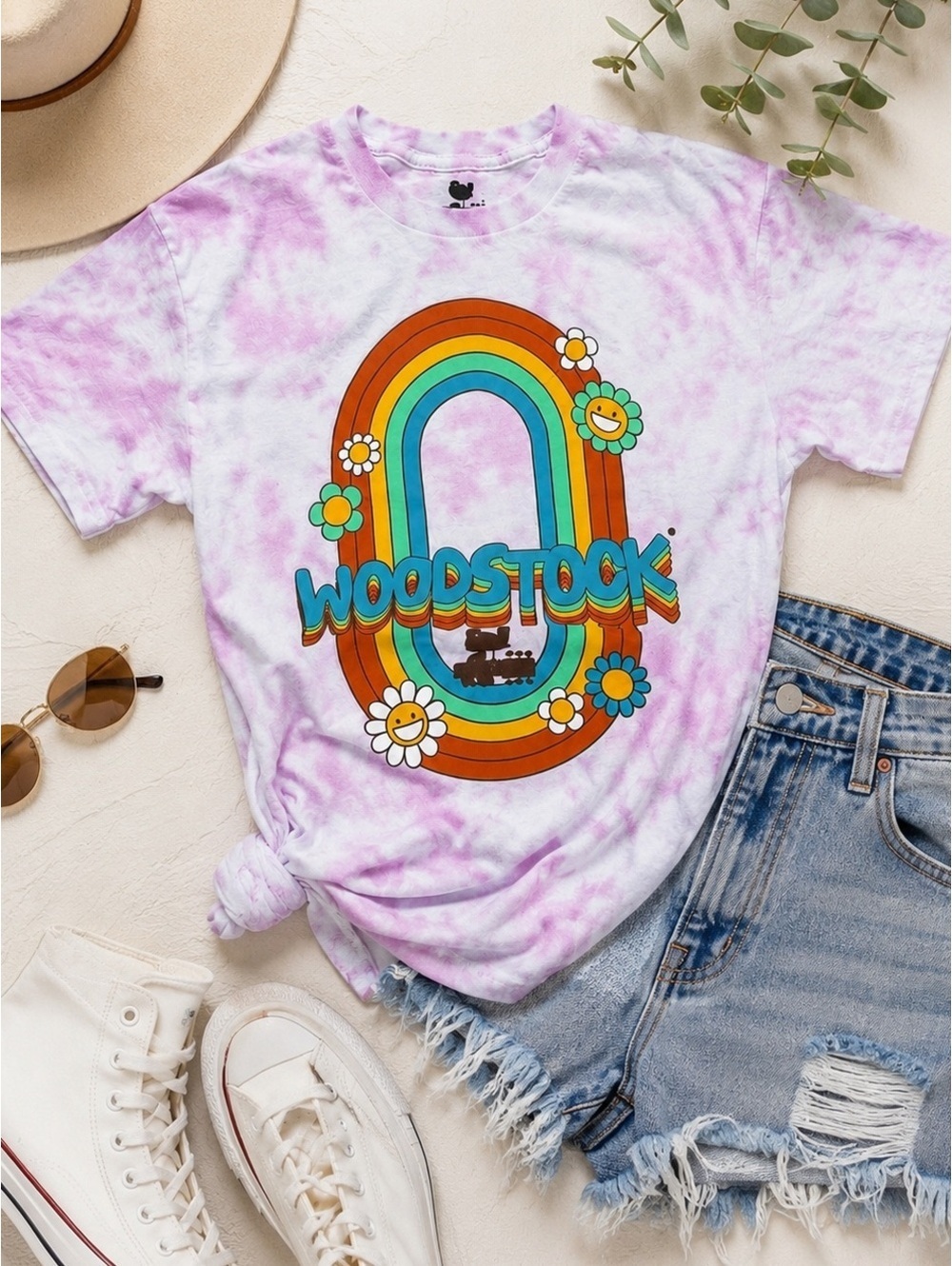 Retro Woodstock Rainbow Tie Dye Graphic Tee Pink White Festival